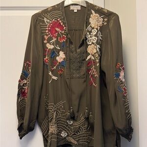 Johnny Was Embroidered Olive Green Women's Top